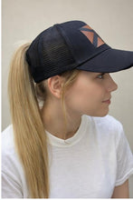 Load image into Gallery viewer, Simply Florida™ Ponytail Hat – Florida Flag Leather Patch Trucker Cap | Women’s Messy Bun Hat | Florida Lifestyle Apparel