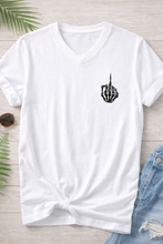 Load image into Gallery viewer, Minimalist Skeleton Hand Middle Finger T-Shirt | Funny Graphic Tee | Left Chest Design | Unisex V-Neck Shirt