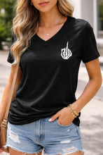 Load image into Gallery viewer, Minimalist Skeleton Hand Middle Finger T-Shirt | Funny Graphic Tee | Left Chest Design | Unisex V-Neck Shirt