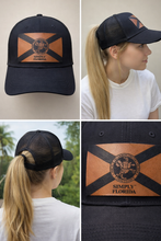 Load image into Gallery viewer, Simply Florida™ Ponytail Hat – Florida Flag Leather Patch Trucker Cap | Women’s Messy Bun Hat | Florida Lifestyle Apparel