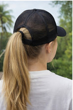Load image into Gallery viewer, Simply Florida™ Ponytail Hat – Florida Flag Leather Patch Trucker Cap | Women’s Messy Bun Hat | Florida Lifestyle Apparel