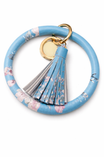 Load image into Gallery viewer, Blue and cherry blossum faux leather tassel bangle keychain