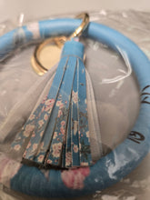 Load image into Gallery viewer, Blue and cherry blossum faux leather tassel bangle keychain
