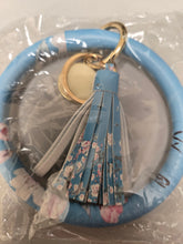 Load image into Gallery viewer, Blue and cherry blossum faux leather tassel bangle keychain