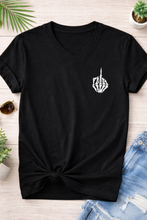 Load image into Gallery viewer, Minimalist Skeleton Hand Middle Finger T-Shirt | Funny Graphic Tee | Left Chest Design | Unisex V-Neck Shirt