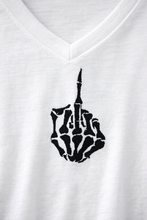 Load image into Gallery viewer, Minimalist Skeleton Hand Middle Finger T-Shirt | Funny Graphic Tee | Left Chest Design | Unisex V-Neck Shirt