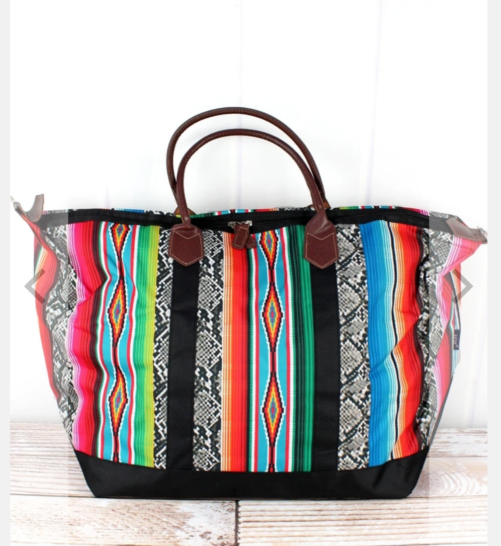 Serape and snake skin print weekender tote