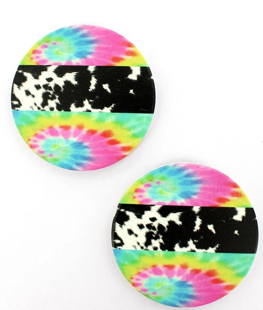 Cow and Tie Die Car Coasters