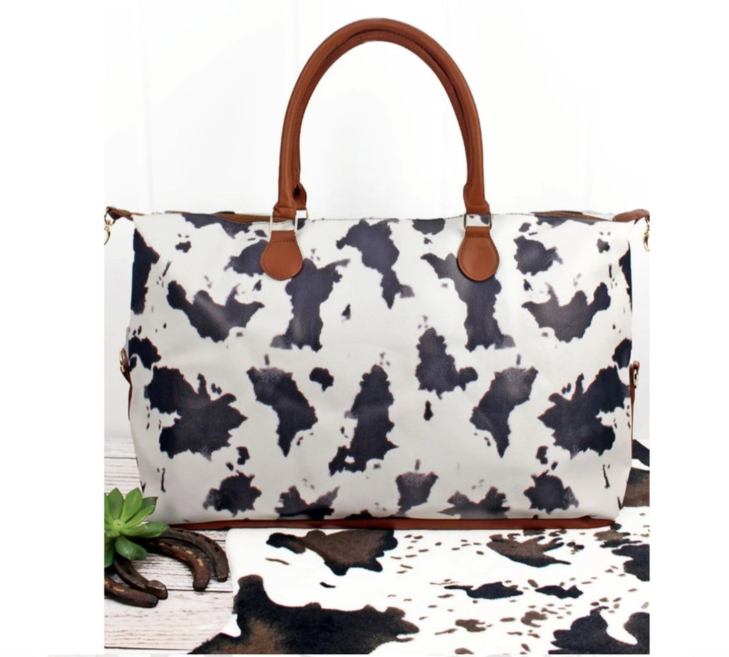 Cow print faux leather weekender